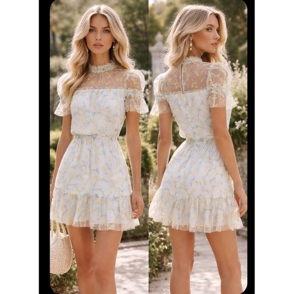 ML Monique Lhuillier Waldorf Embroidered Mesh Floral Mini Dress in Blue8  NWOT